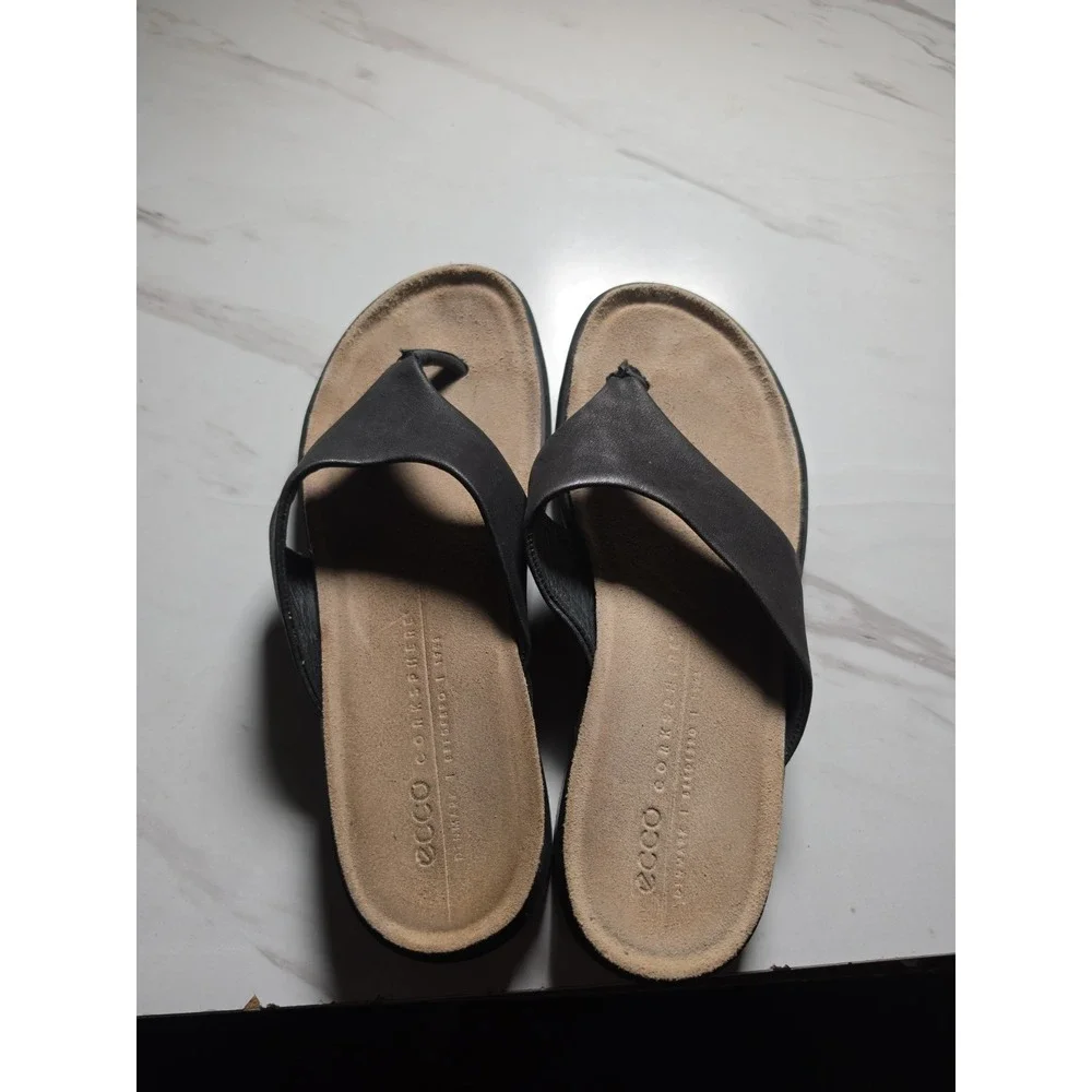 Ecco Corksphere Thong Flip Flop Sandal Size 40 Black Comfort Leather Q97